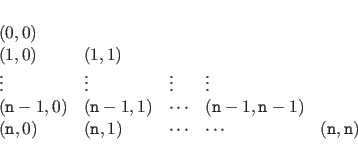 \begin{displaymath}
\begin{array}{lllll}
(0, 0)\\
(1, 0)&(1, 1)\\
\vdots&\...
...)&({\tt n}, 1)&\cdots&\cdots&({\tt n},{\tt n})\\
\end{array} \end{displaymath}